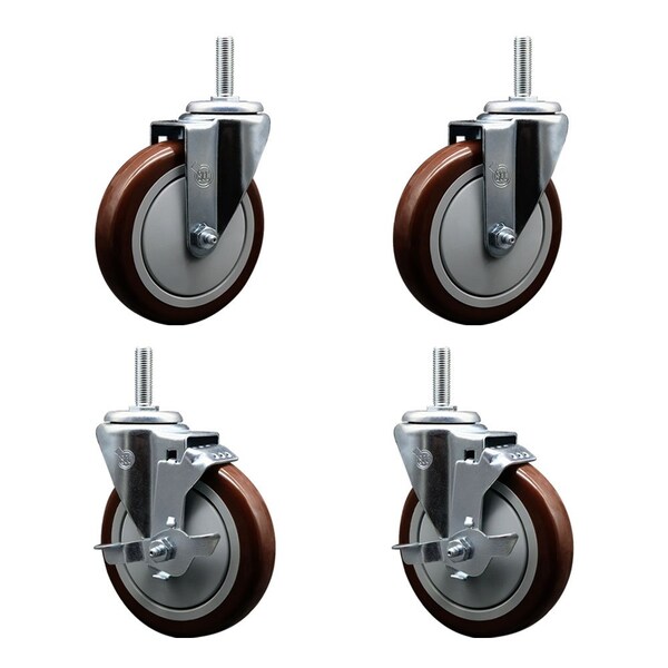 Service Caster 5 Inch Maroon Polyurethane Wheel Swivel 58 Inch Threaded Stem Caster Set 2 Brakes SCC SCC-TS20S514-PPUB-MRN-58212-2-TLB-2 - main